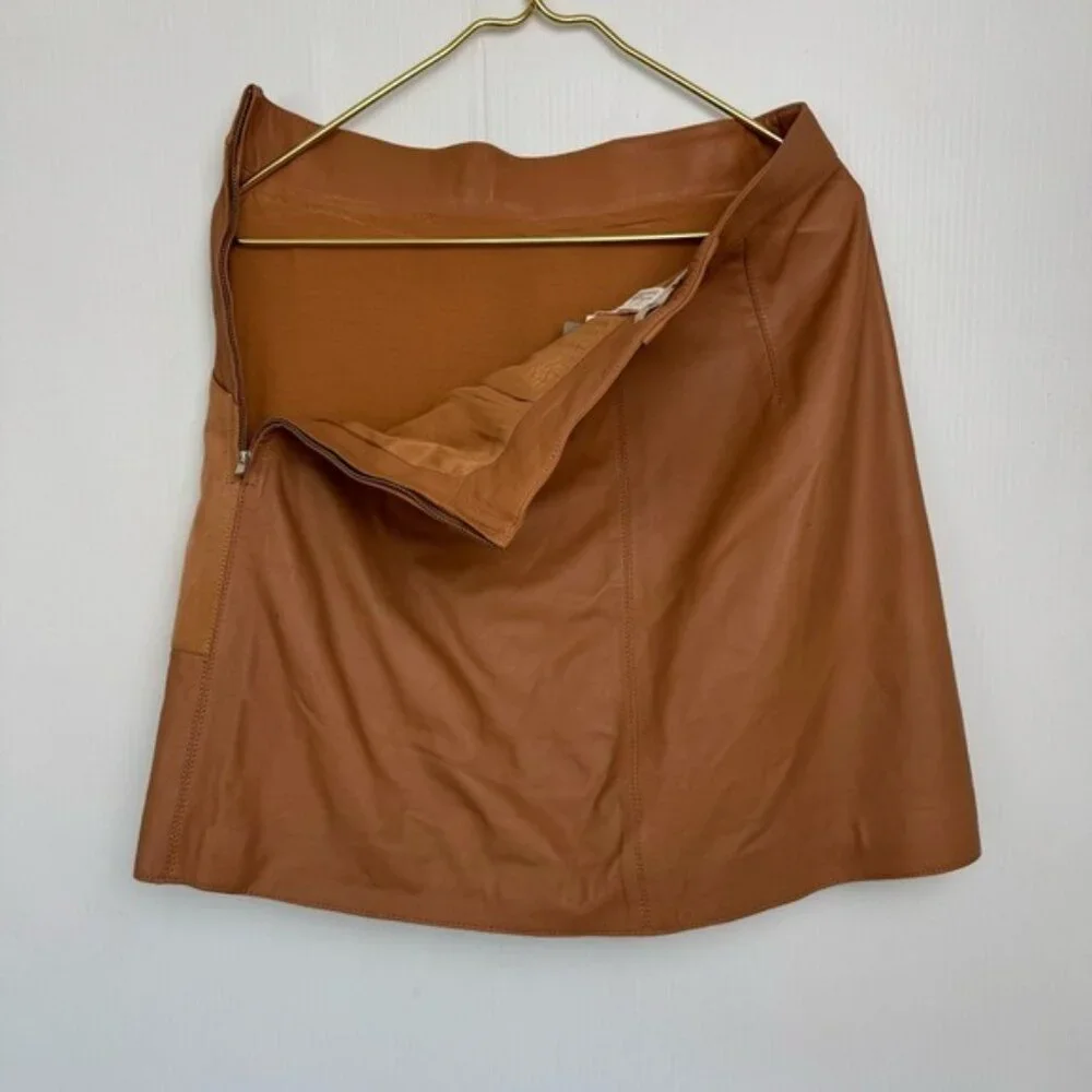 H&M Camel 100% Leather and Suede trim mini Skirt W pockets Side Zip size 10 NEW
